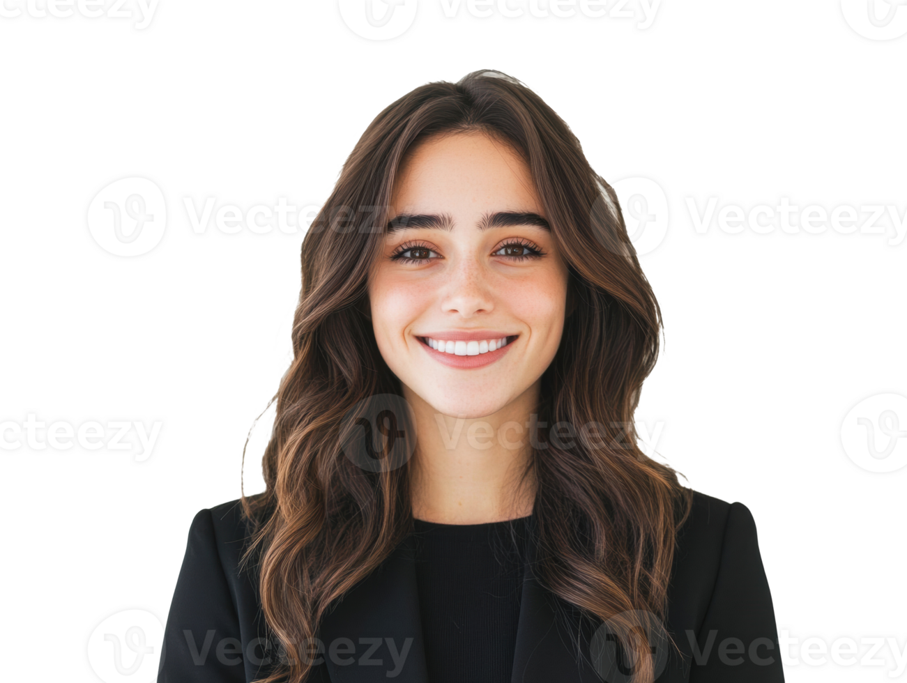 Professional woman smiling in formal attire against neutral backdrop png