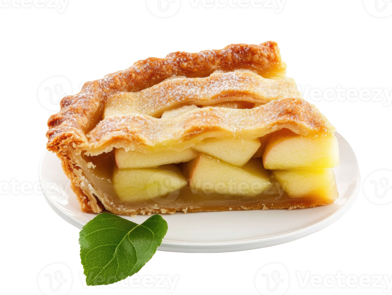 Apple pie slice on a plate with fresh apples and a leaf png