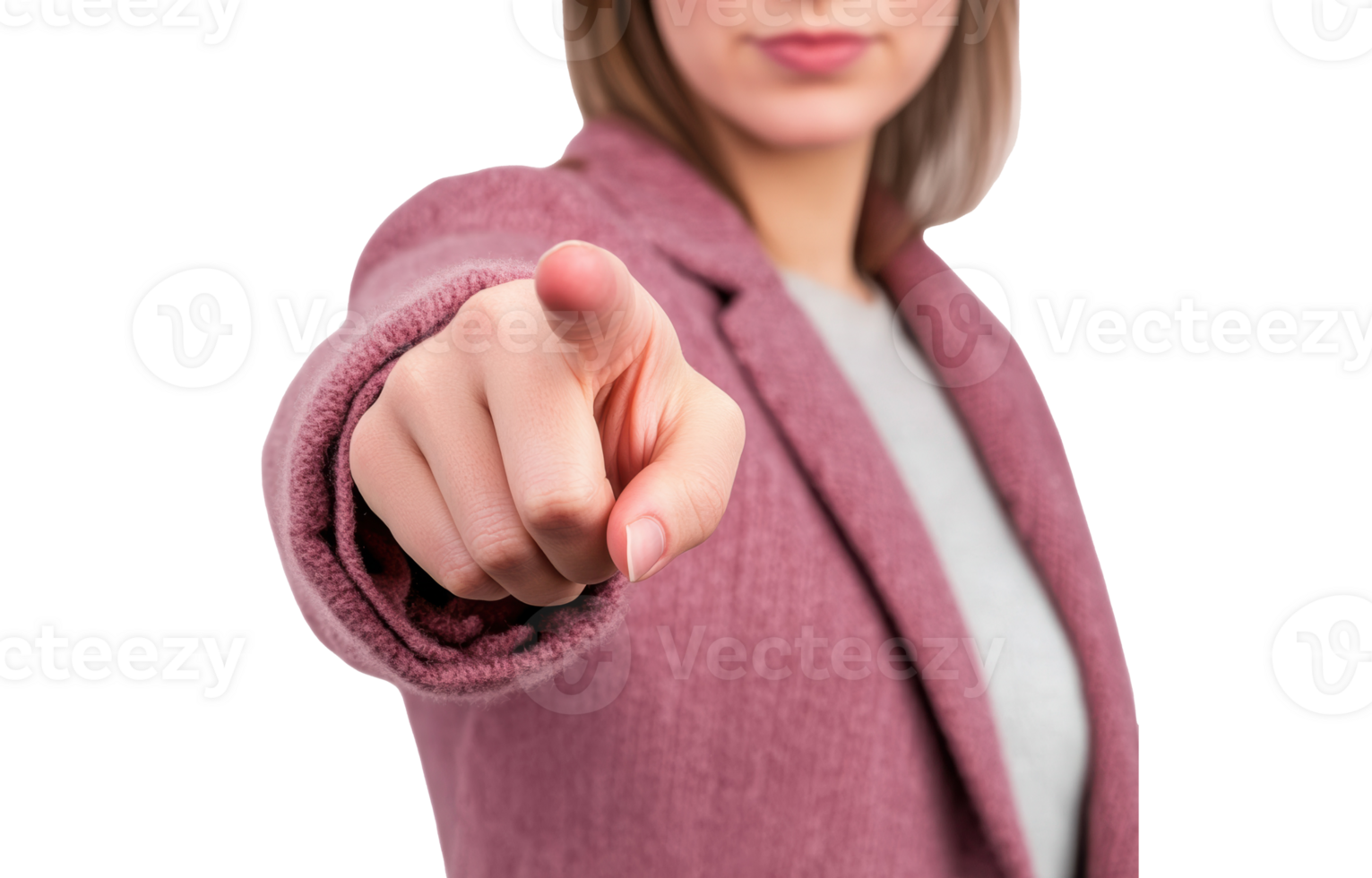 Strong woman pointing finger with confidence in a blazer png