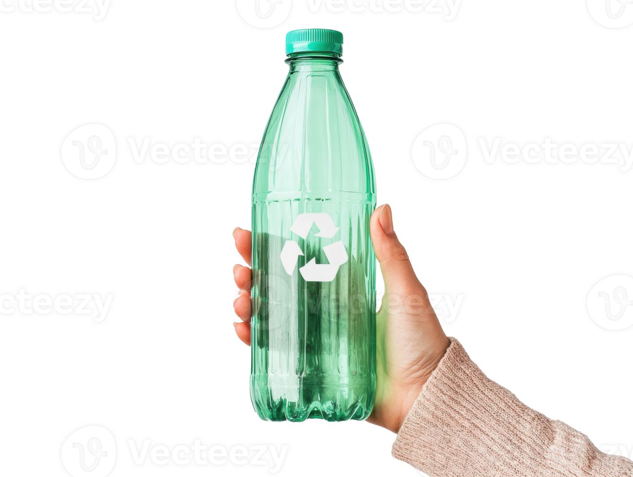 Hand holding a green bottle with recycling symbol png