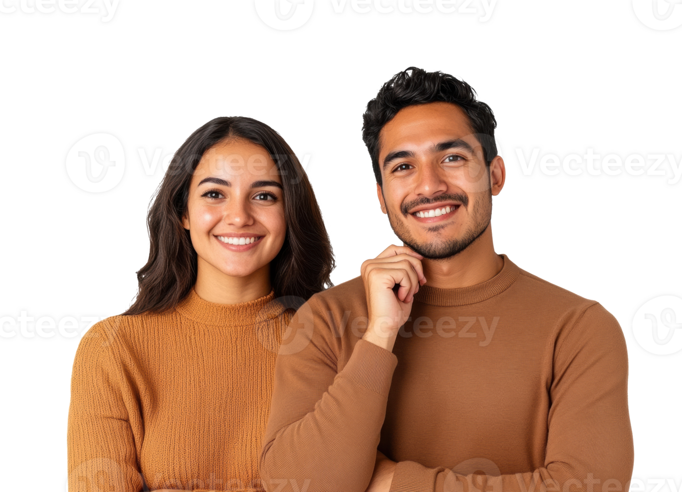 Smiling couple in matching brown sweaters posing for casual portrait png