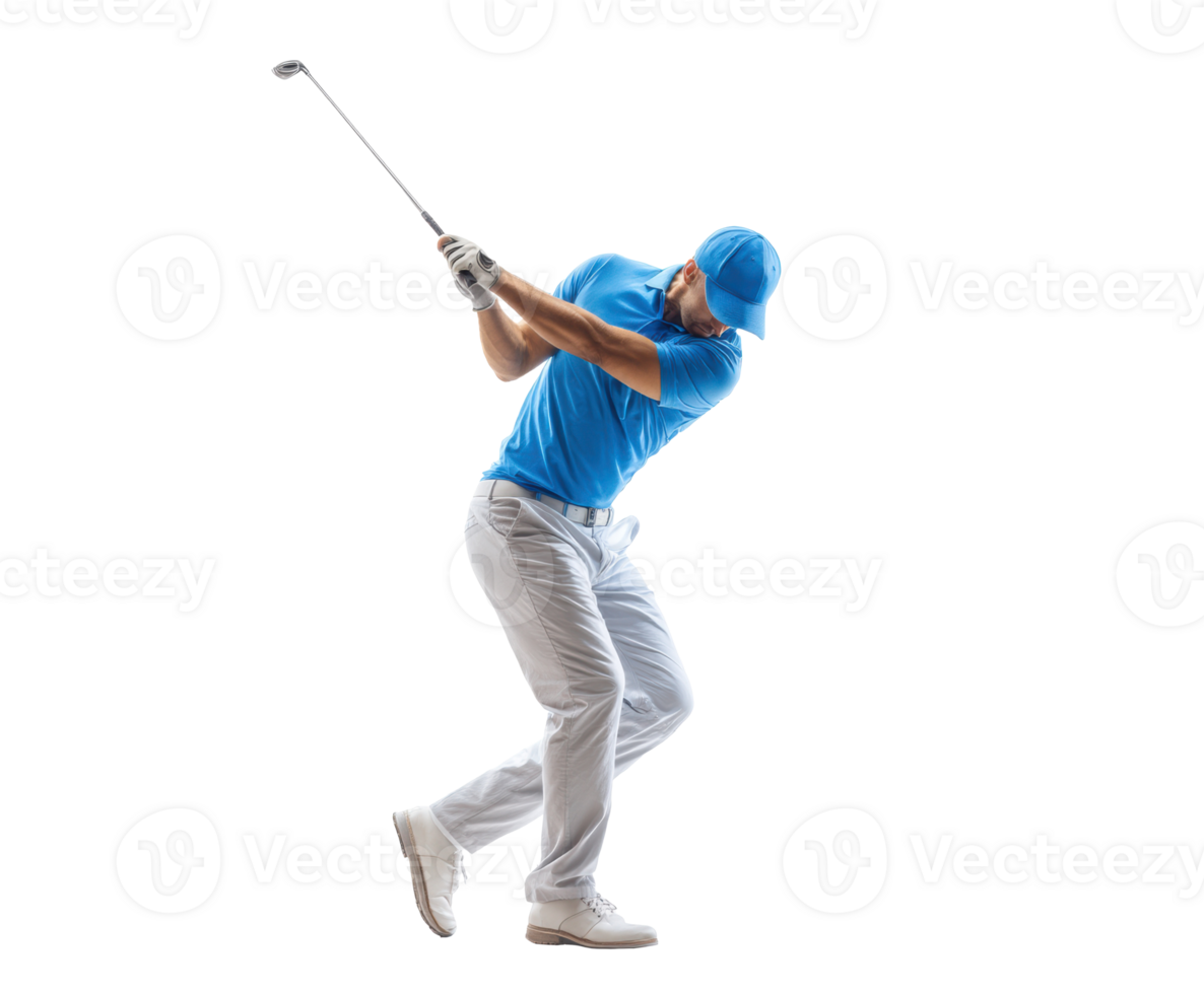 Golf swing technique by a golfer in a blue outfit for sports practice png