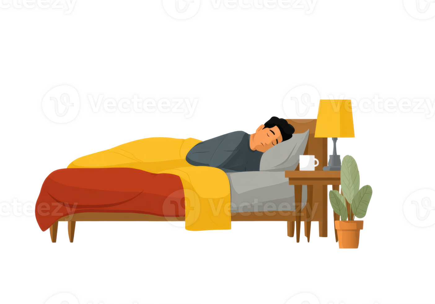 Cozy bed setting with a sleeping man and indoor plants for relaxation png