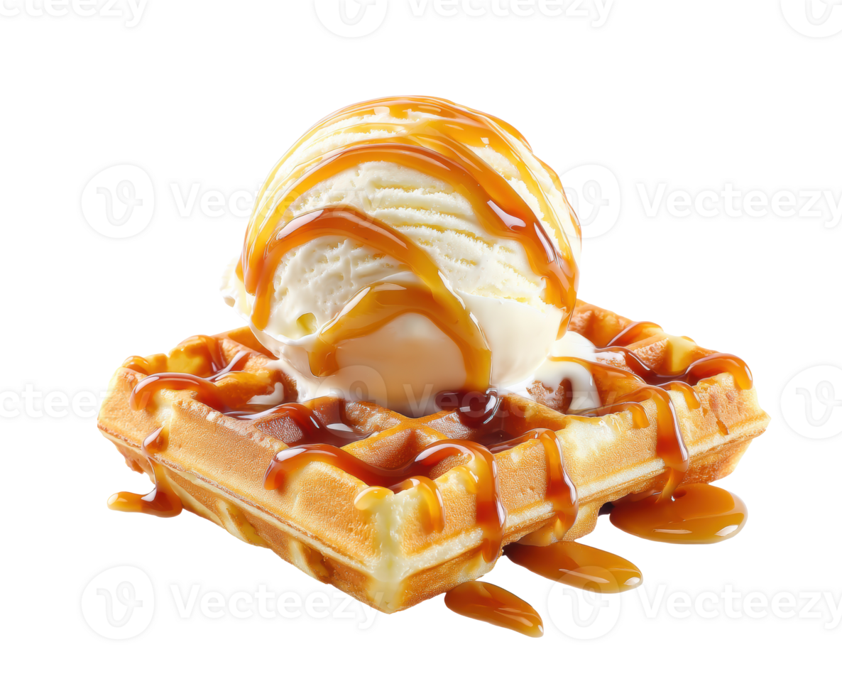 Delicious waffle topped with creamy ice cream and caramel drizzle png