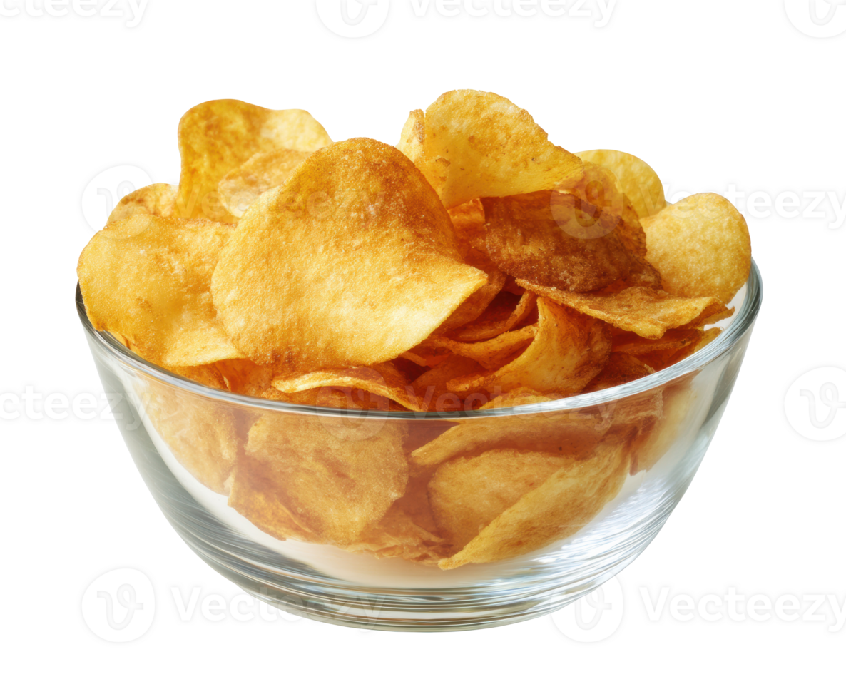 Crispy potato chips in a clear glass bowl ready for snacking png