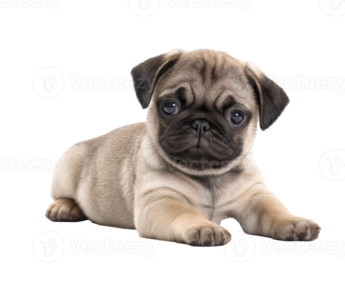 Cute pug puppy lying down and looking playfully at the camera png