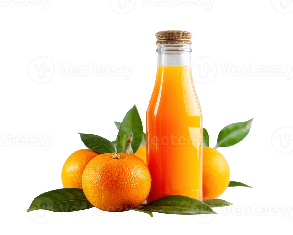 Fresh orange juice with ripe oranges and green leaves in a bottle png