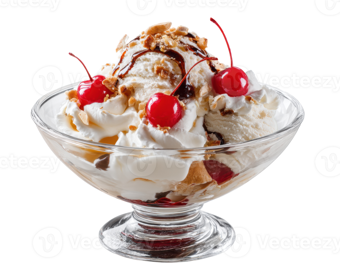 Classic ice cream sundae with cherries and whipped cream png