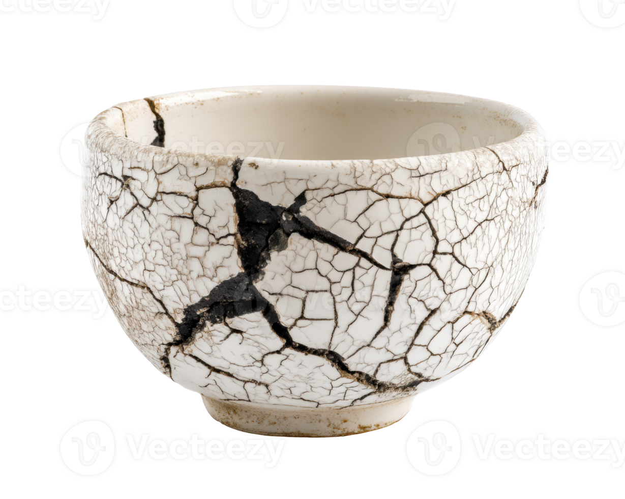 Antique Japanese tea bowl with intricate cracks and vintage charm png