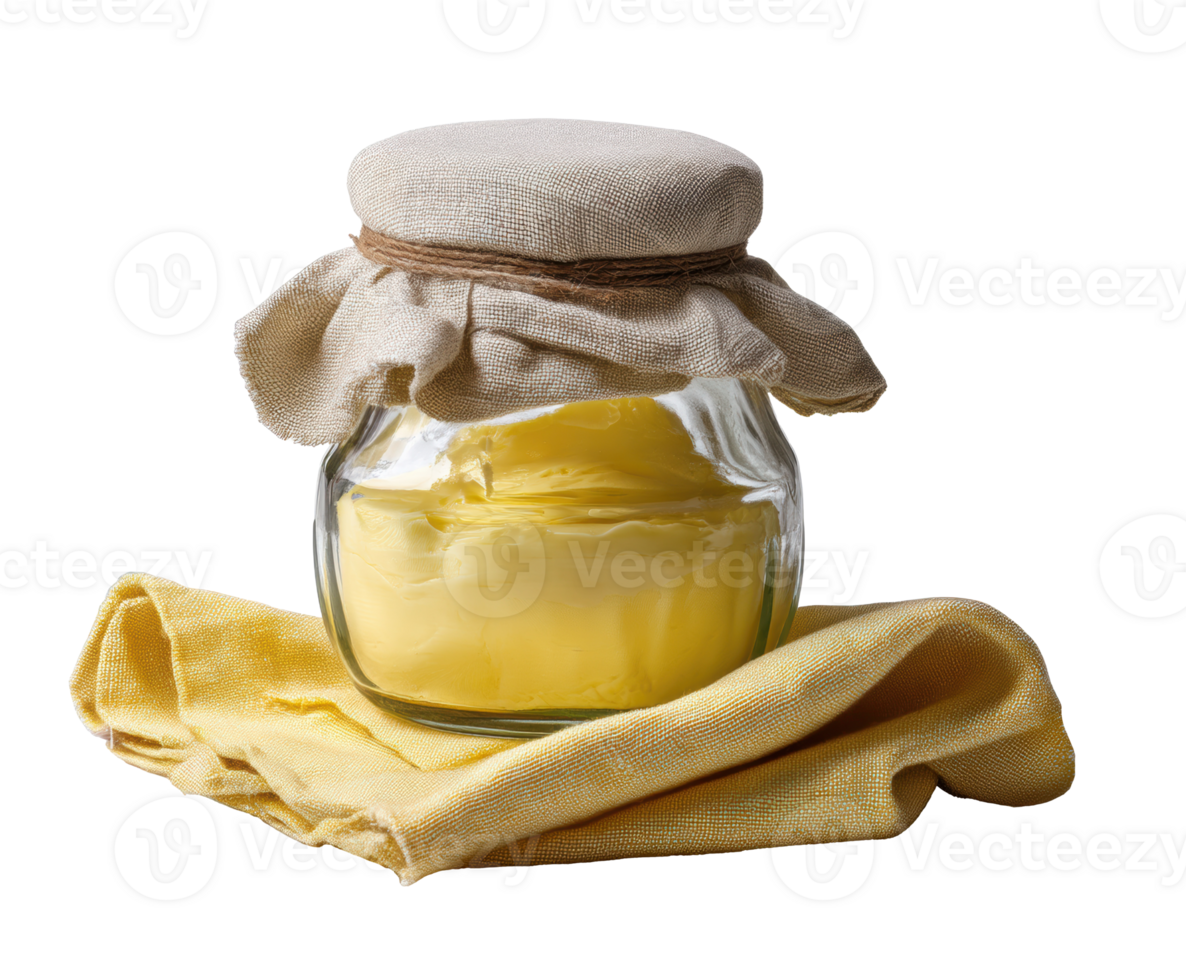 Homemade butter jar with cloth lid on linen cloth for kitchen use png
