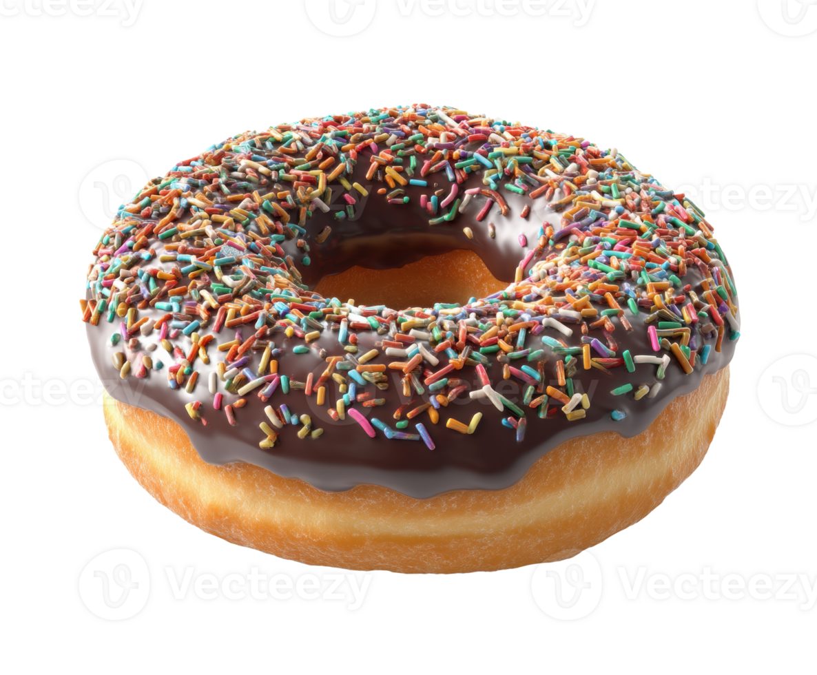 Chocolate donut with colorful sprinkles on a soft dough base png