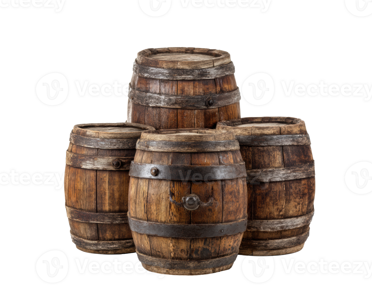 Rustic wooden barrels stacked for decoration and storage png