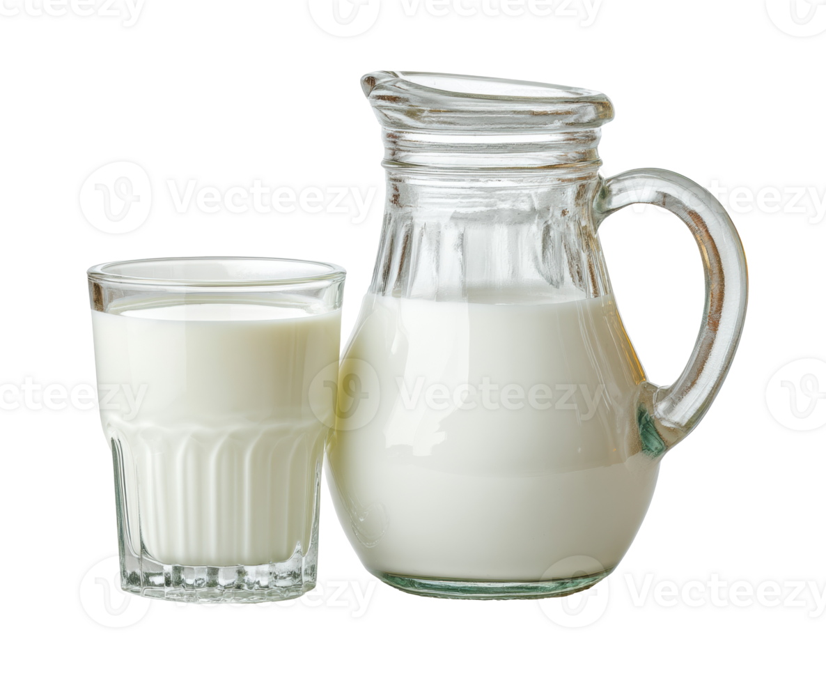 Fresh milk served in a glass and pitcher for healthy drinks png