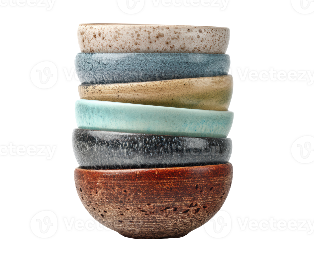 Stacked ceramic bowls showcasing unique designs and textures png