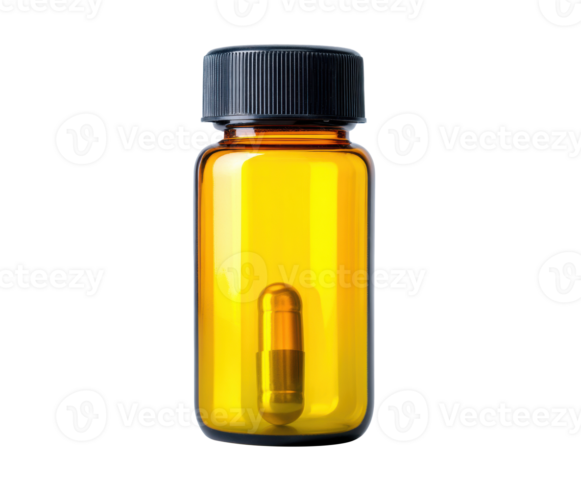 Amber bottle with capsule for dietary supplements and health products png