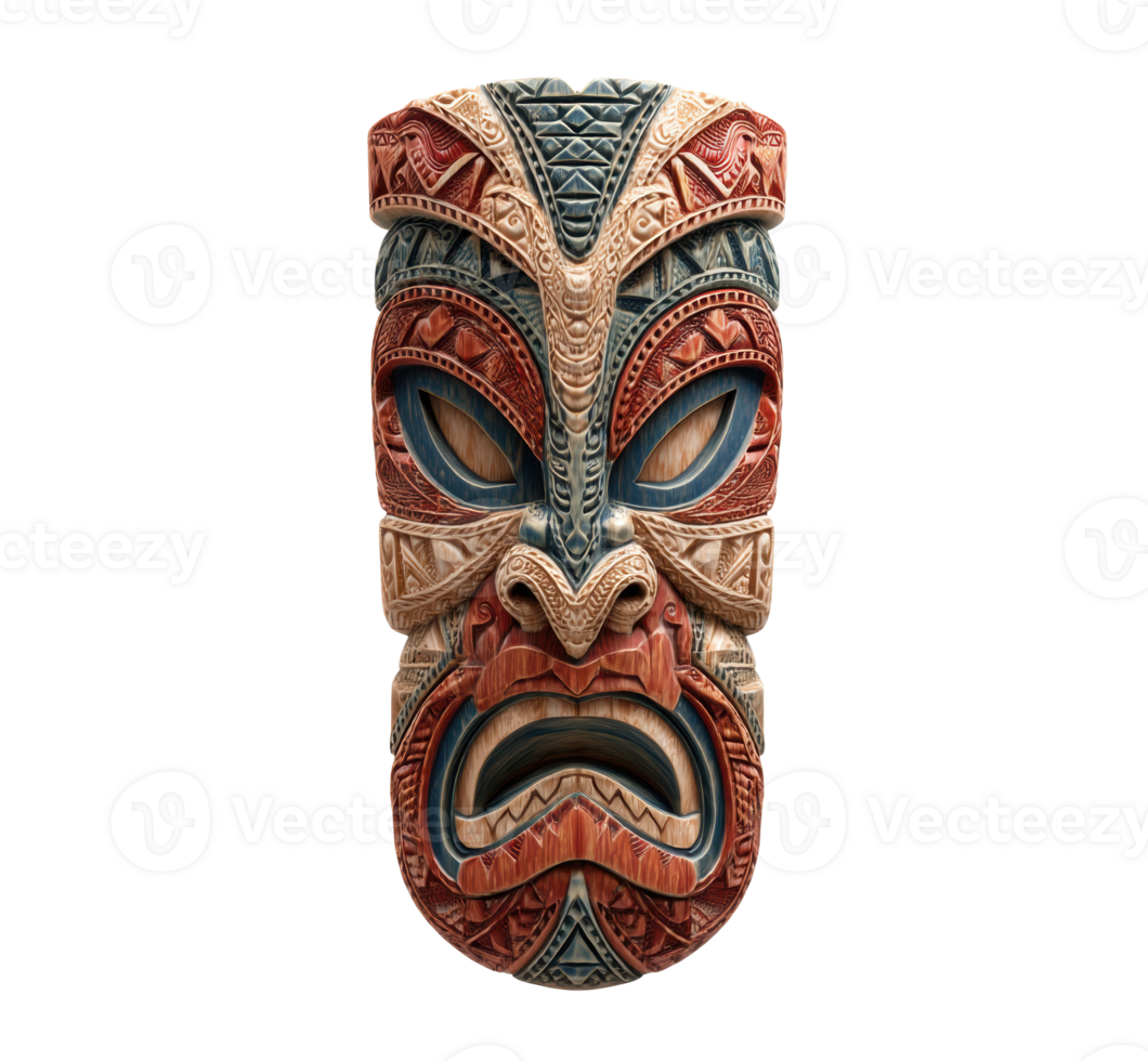 Unique tribal mask showcasing intricate carvings and vibrant colors png