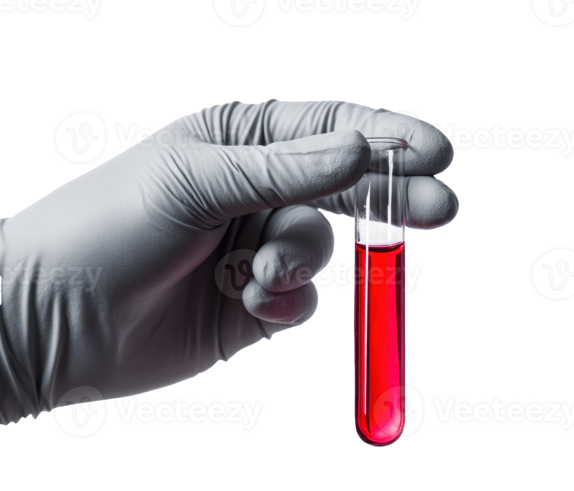 Laboratory hand holding a test tube filled with red liquid png