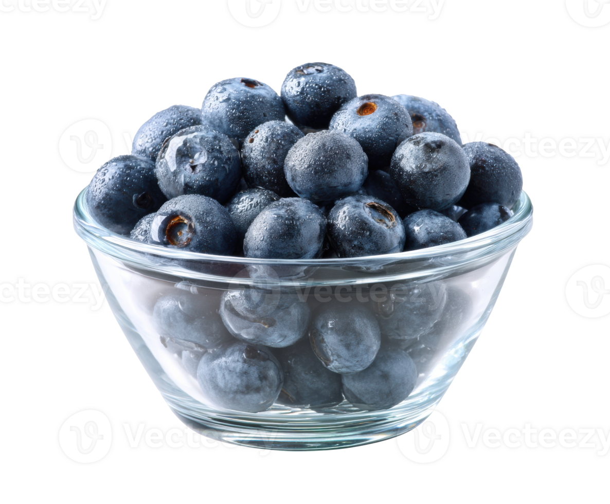 Fresh blueberries in a glass bowl for healthy snacking and baking png