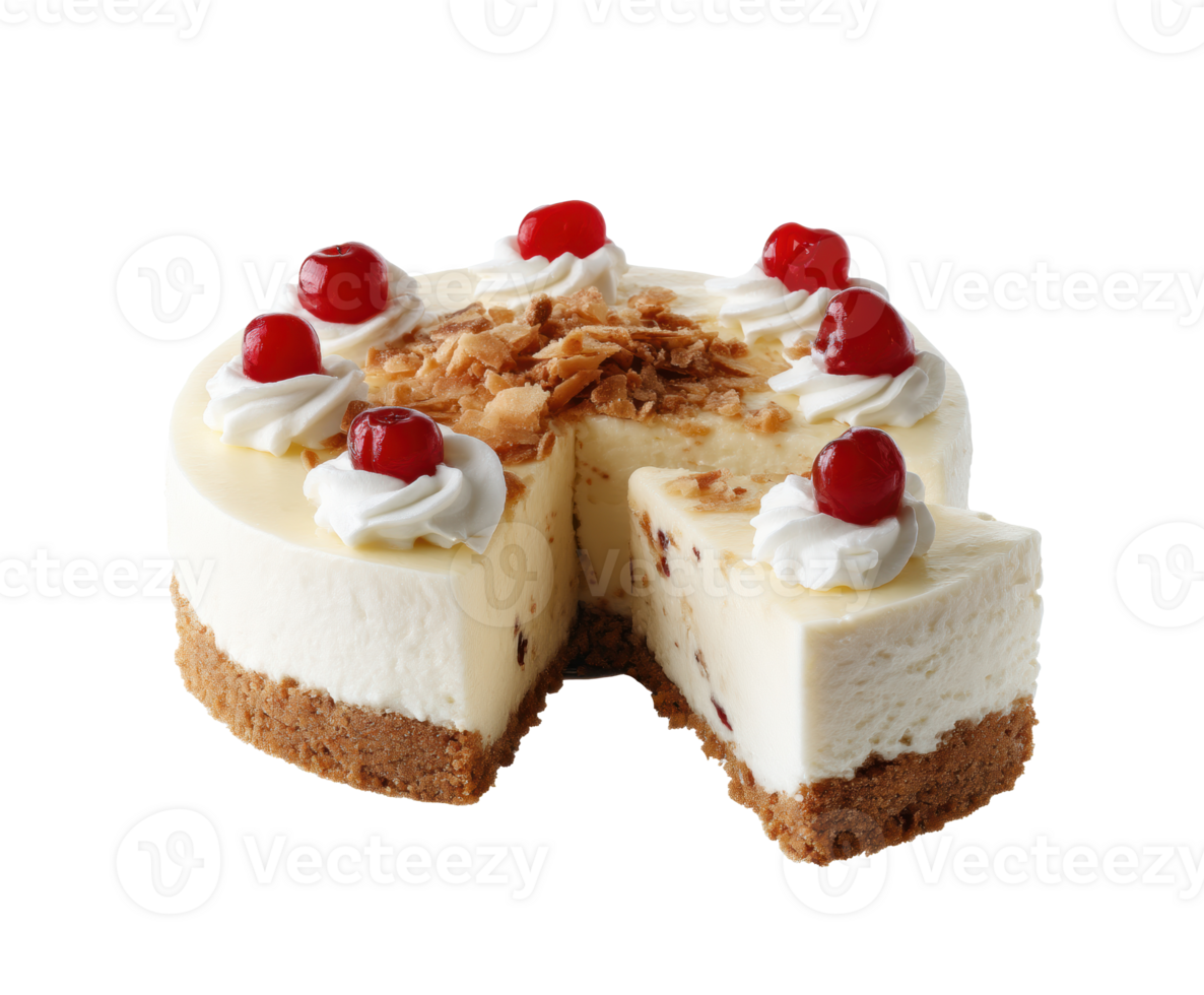 Delicious cherry cheesecake with cream topping and nut garnish png