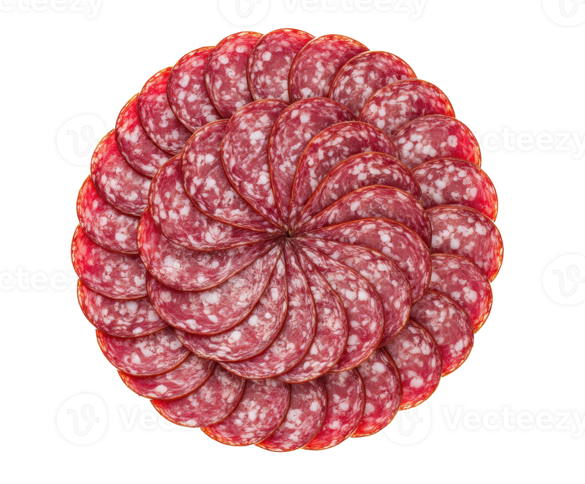 Sliced salami arranged in an artistic circular design for culinary use png