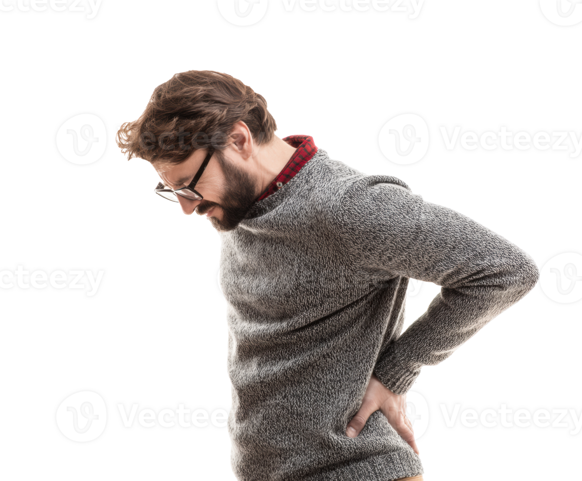 Man experiencing back pain in a casual sweater with glasses png
