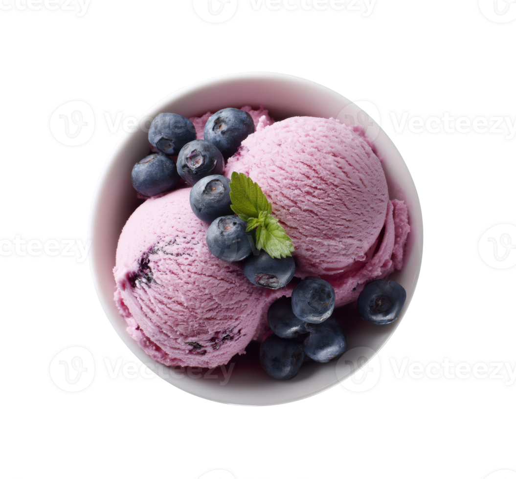 Blueberry ice cream with fresh berries and mint garnish for dessert png
