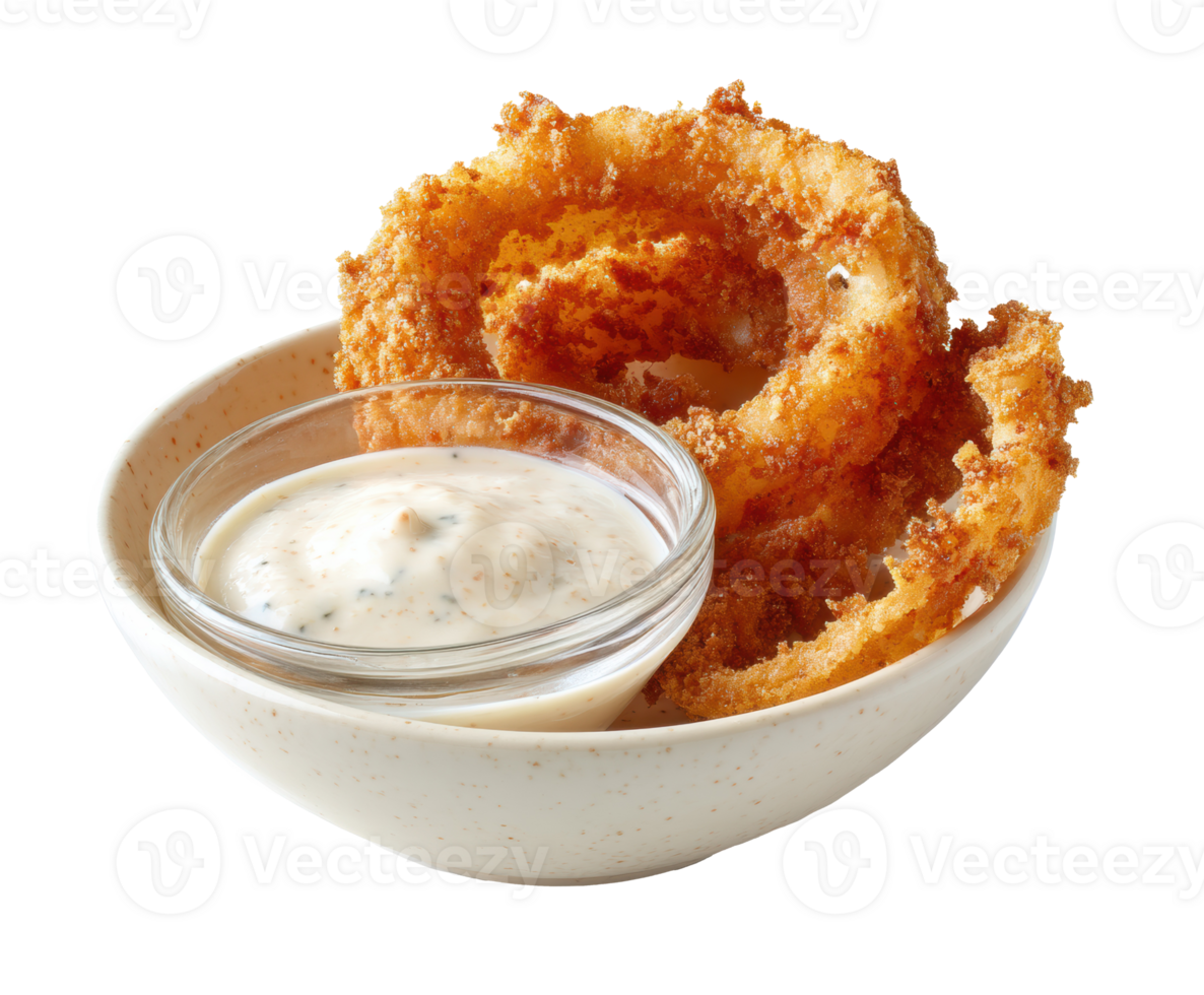 Crispy onion rings served with creamy dipping sauce in a bowl png