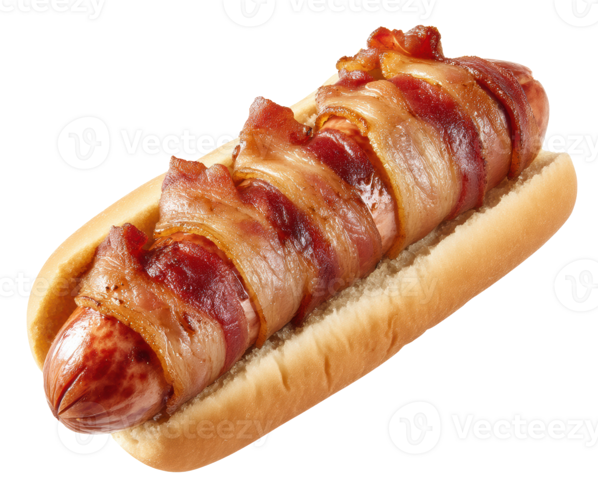 Bacon wrapped sausage in a bun served as a tasty snack option png