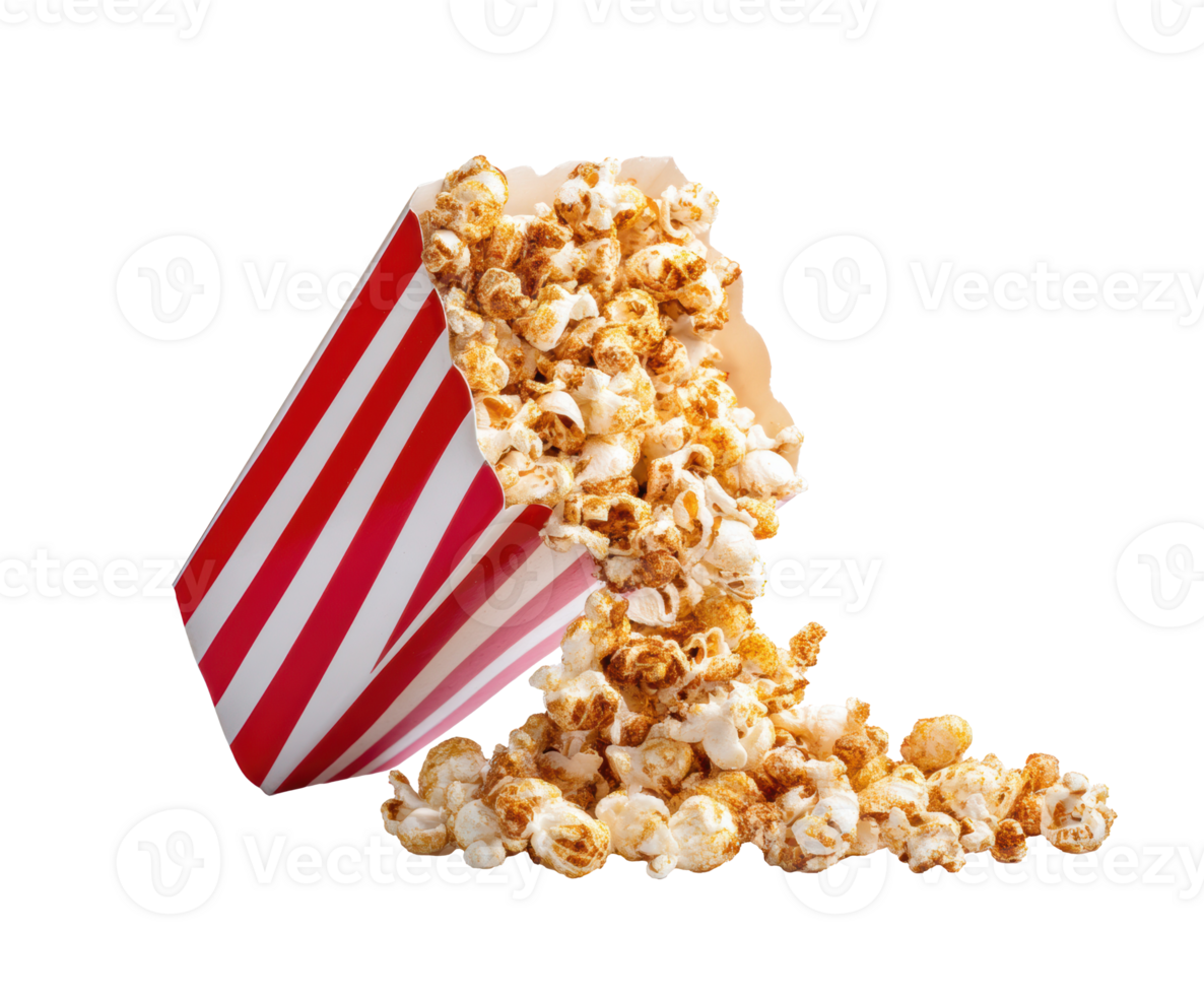Crunchy popcorn spilling from a striped container for movie night png