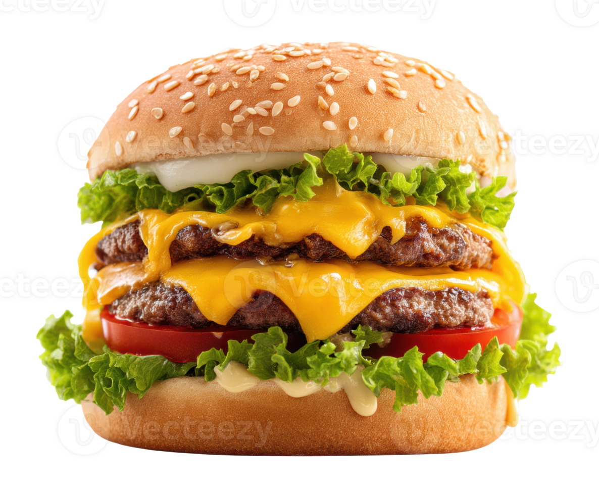 Delicious cheeseburger with fresh lettuce and tomatoes for meal png
