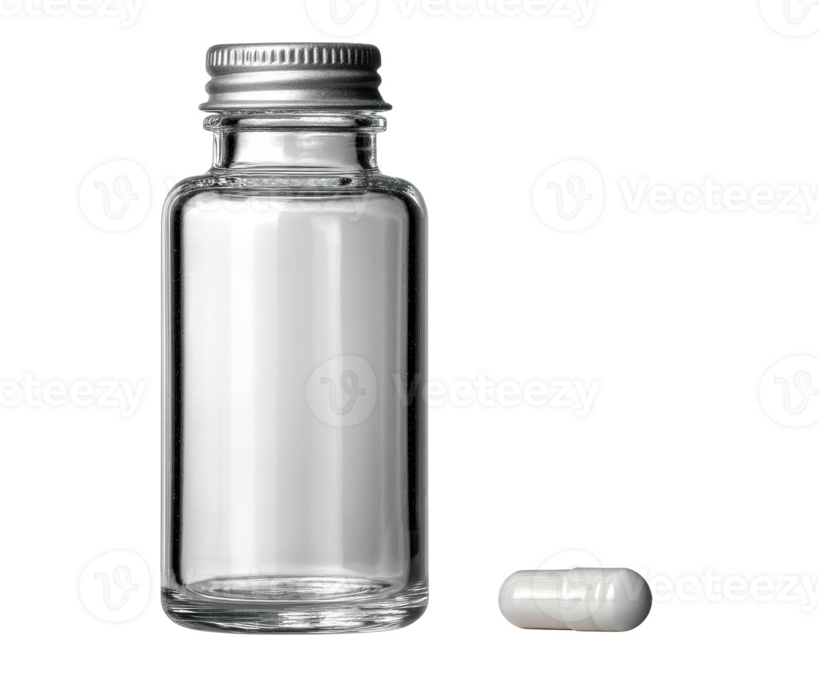 Clear glass bottle with a white capsule on a neutral surface png