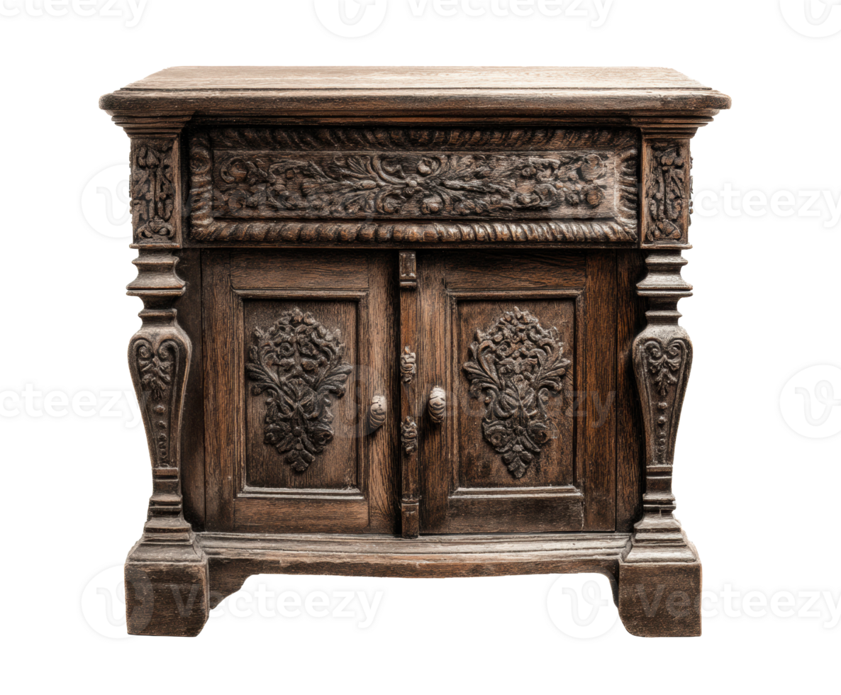 Elegant wooden nightstand with intricate carvings and vintage charm png