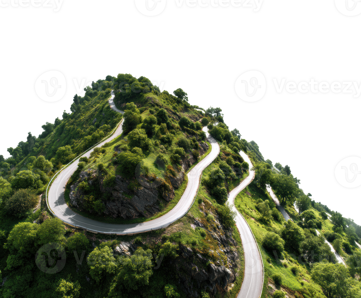 Scenic mountain road winding through lush greenery for travel png