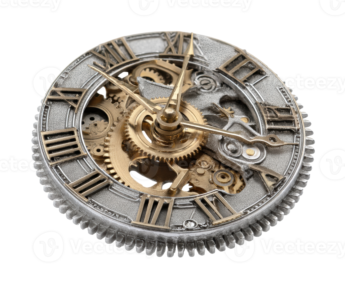 Intricate antique clock design with gears and Roman numerals png