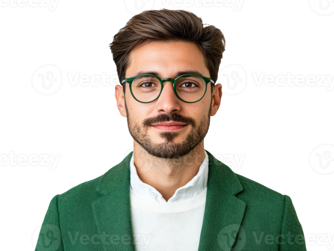 Confident man in green blazer with glasses posing for portrait png