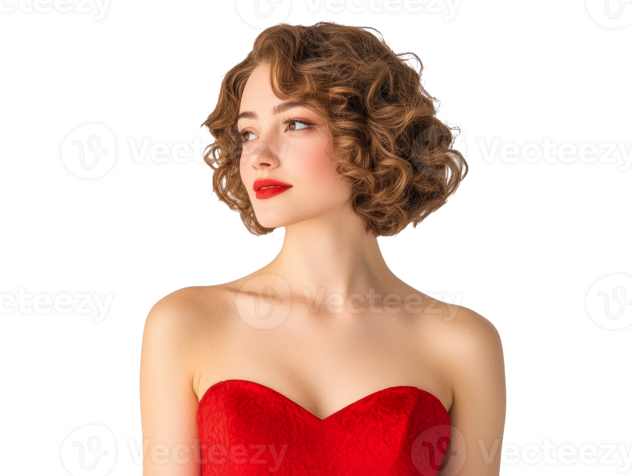 Elegant woman with curly hair in a red dress showcasing glamour png