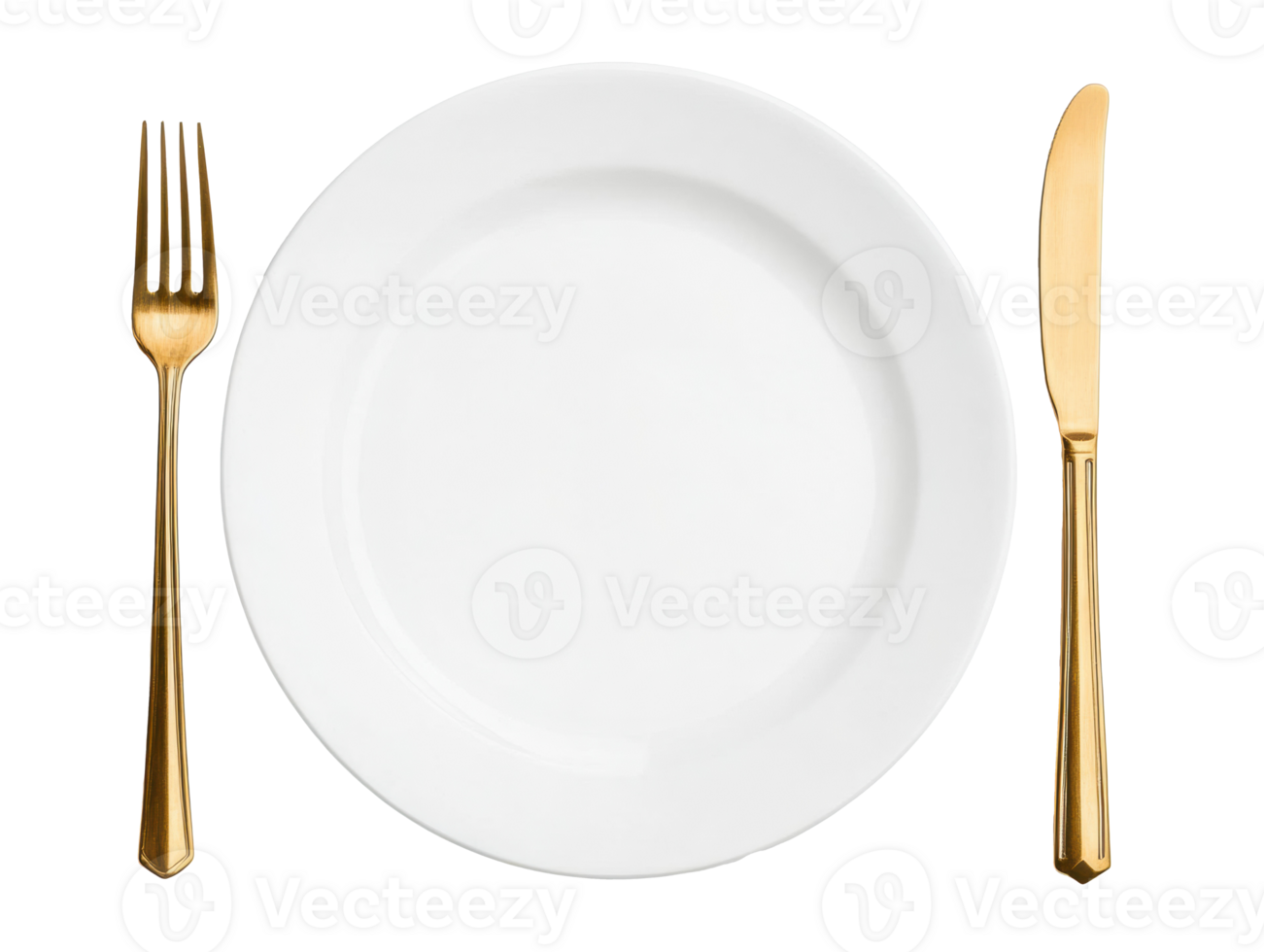 Elegant dining setup featuring a white plate and gold cutlery png