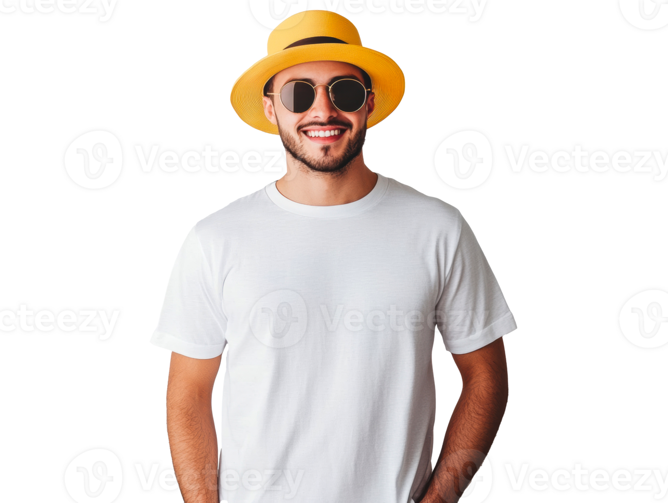 Stylish man wearing sunglasses and a yellow hat with a cheerful smile png