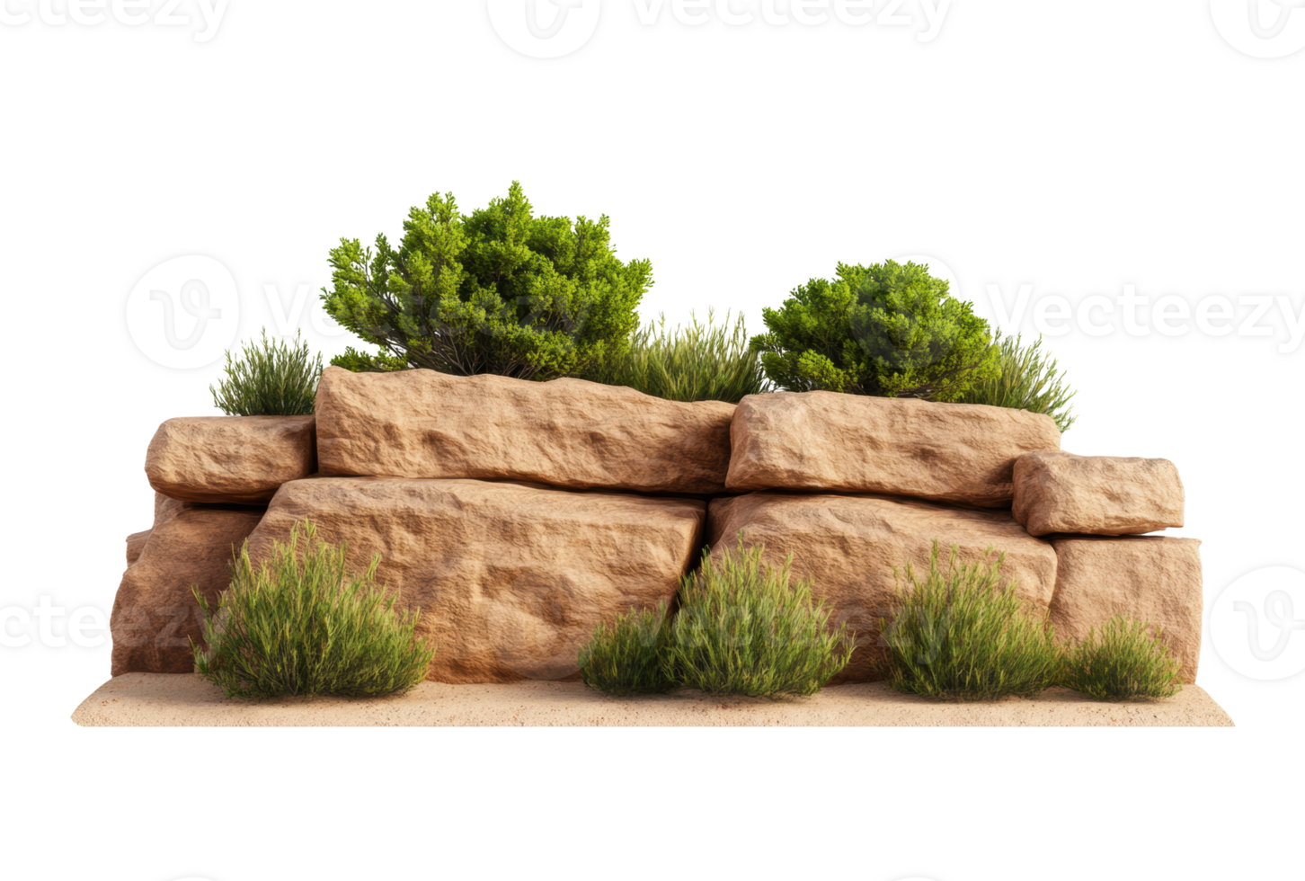 Natural rock formation with greenery for landscaping display png