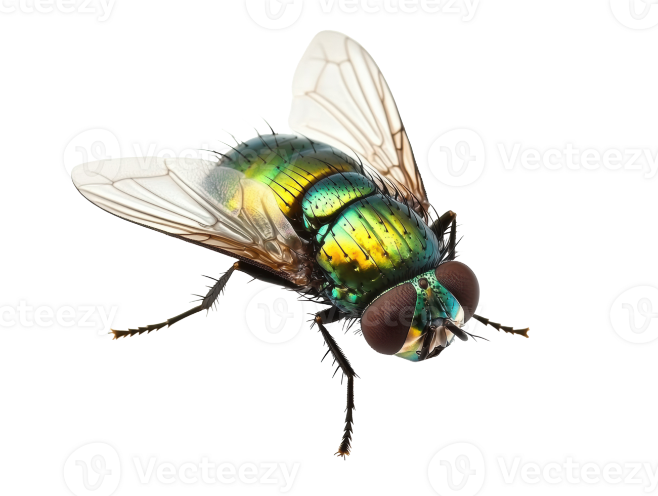 Colorful fly resting on a surface with iridescent wings png