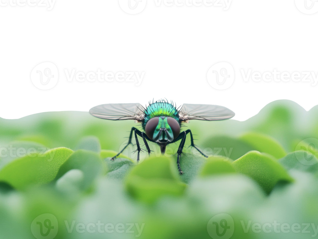 Close-up view of a colorful fly resting on vibrant green leaves png