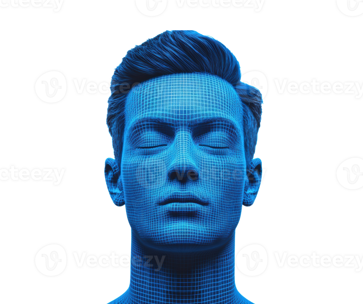 Human face in digital wireframe art with blue tones for design png