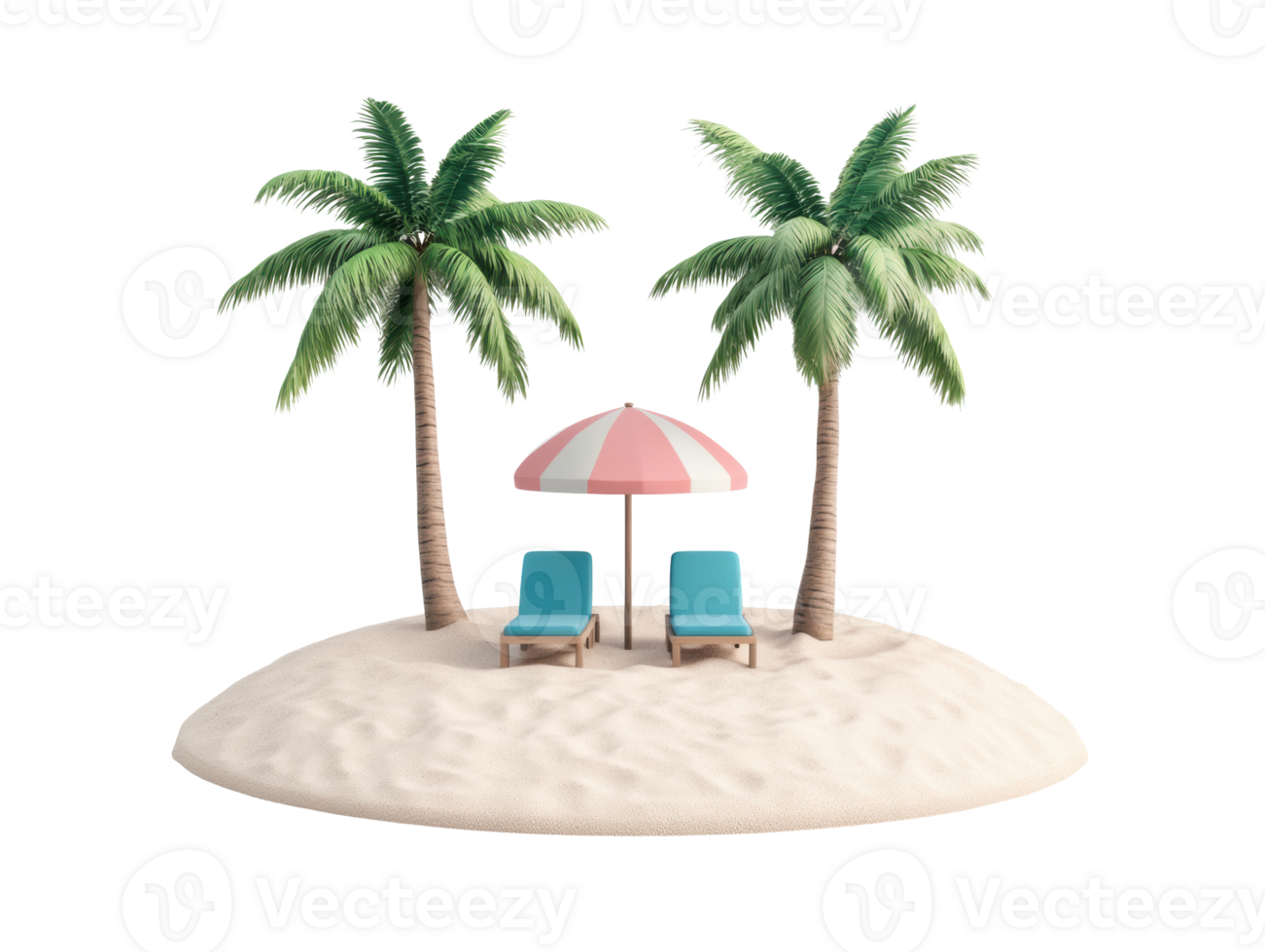 Relaxing spot on a tropical beach with palm trees and lounge chairs png