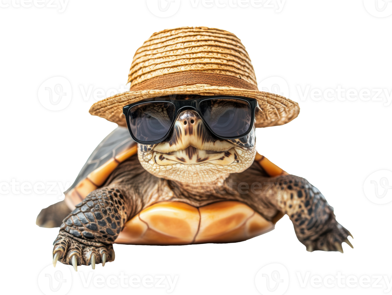 Turtle wearing a straw hat and sunglasses enjoys a sunny day png