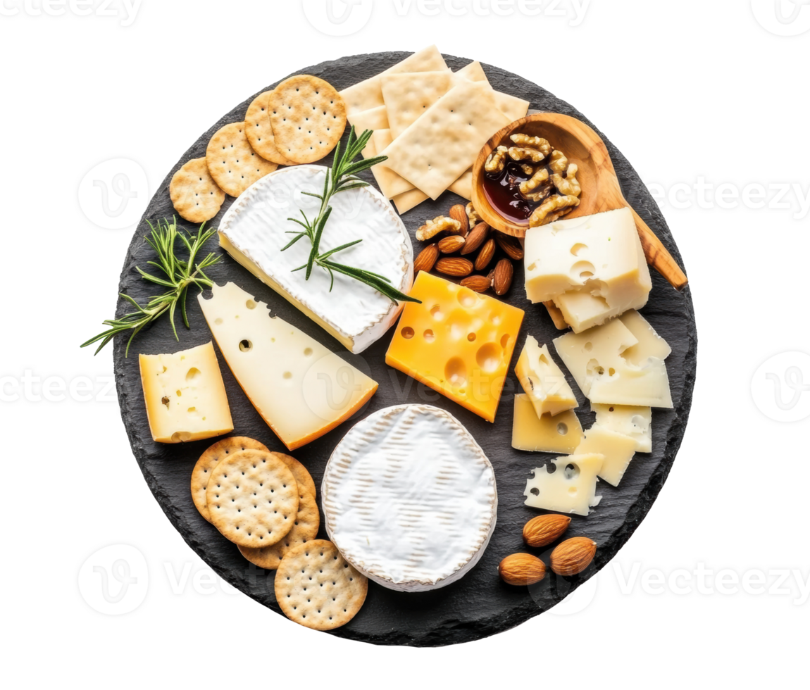Cheese platter with crackers, nuts, and dried fruits for sharing png