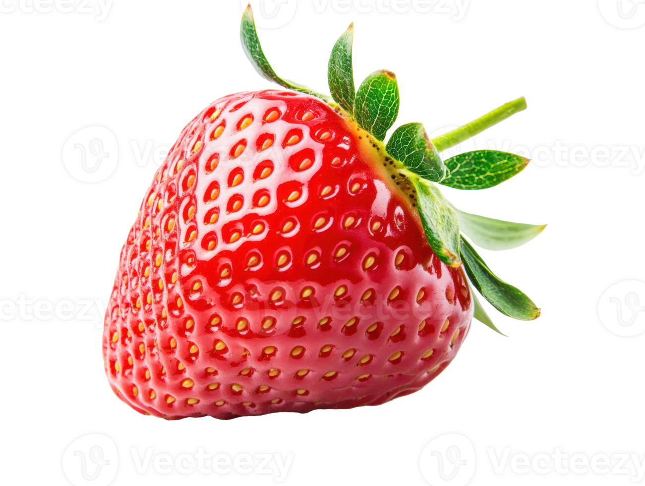 Bright red strawberry with green leaves on a white background png