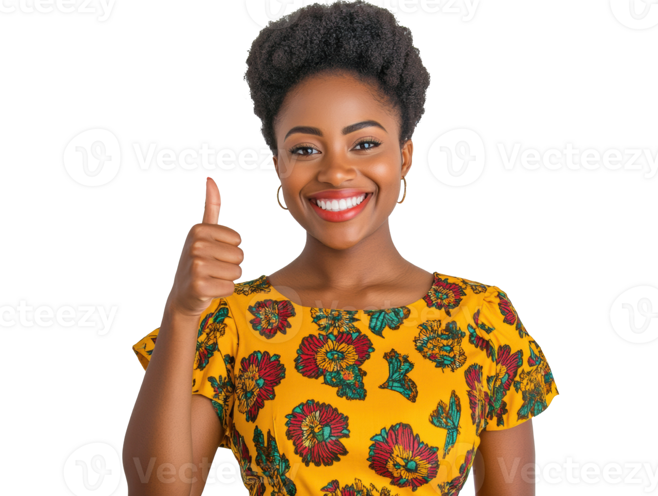 Woman smiling and giving thumbs up in colorful attire png