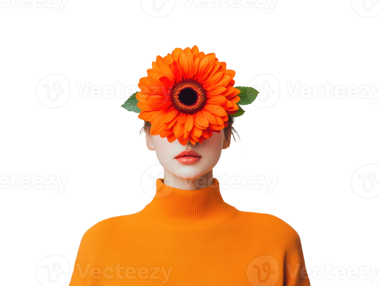 Creative portrait featuring a model with orange flower headpiece png
