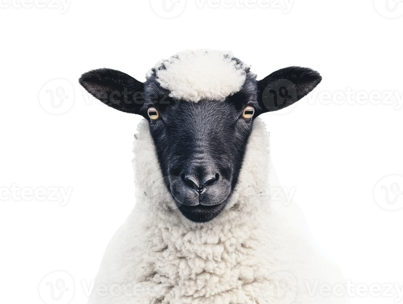Sheep with black face and white fleece on plain background png