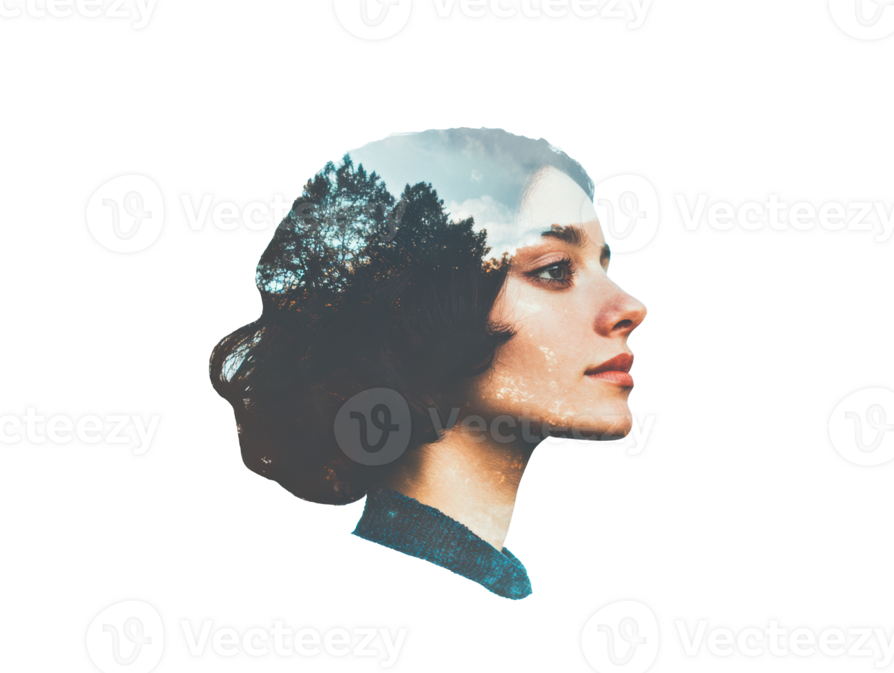 Profile of a woman featuring nature overlay in a creative style png